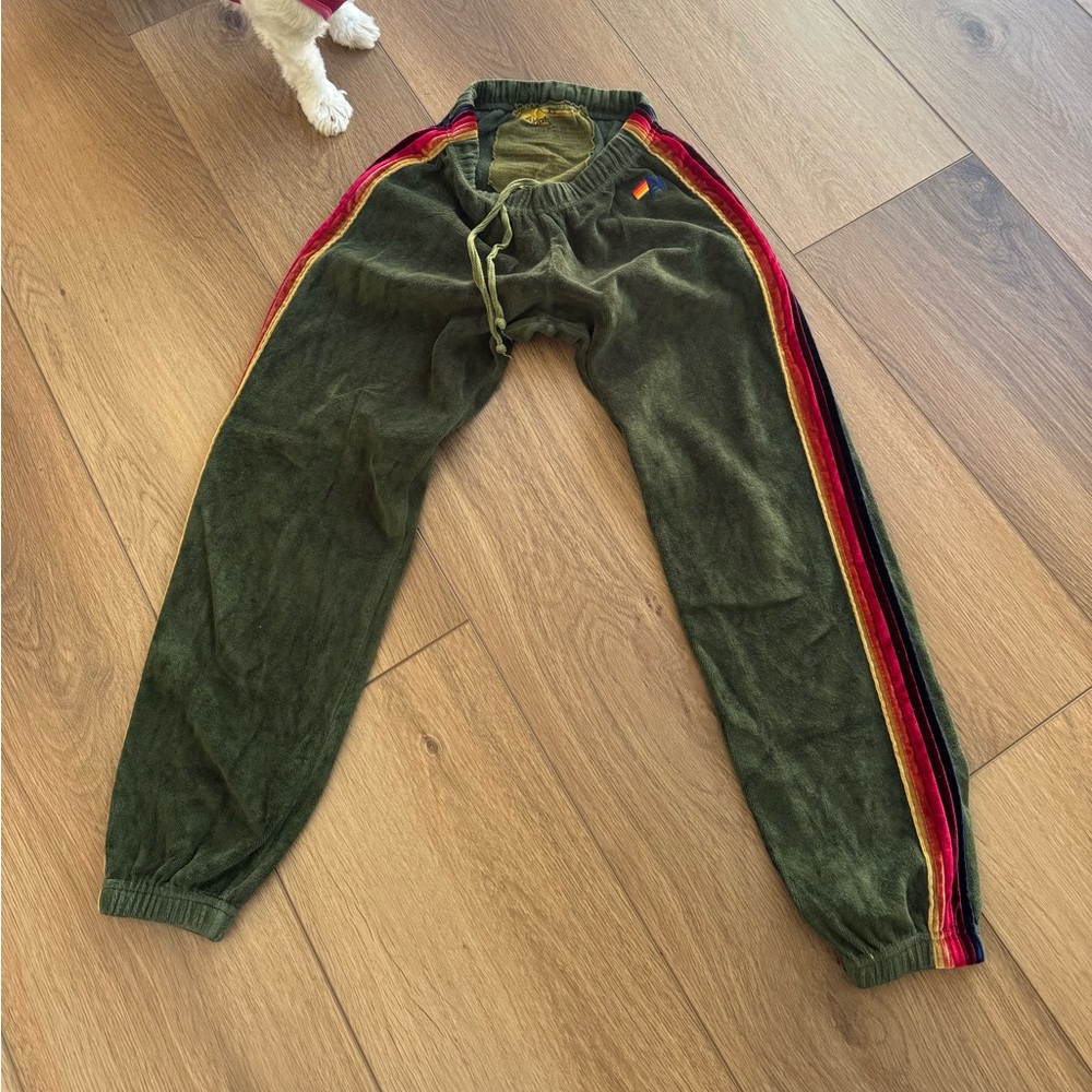 Aviator Nation Classic Velvet Velour Side Stripes Olive Green Joggers Size XS